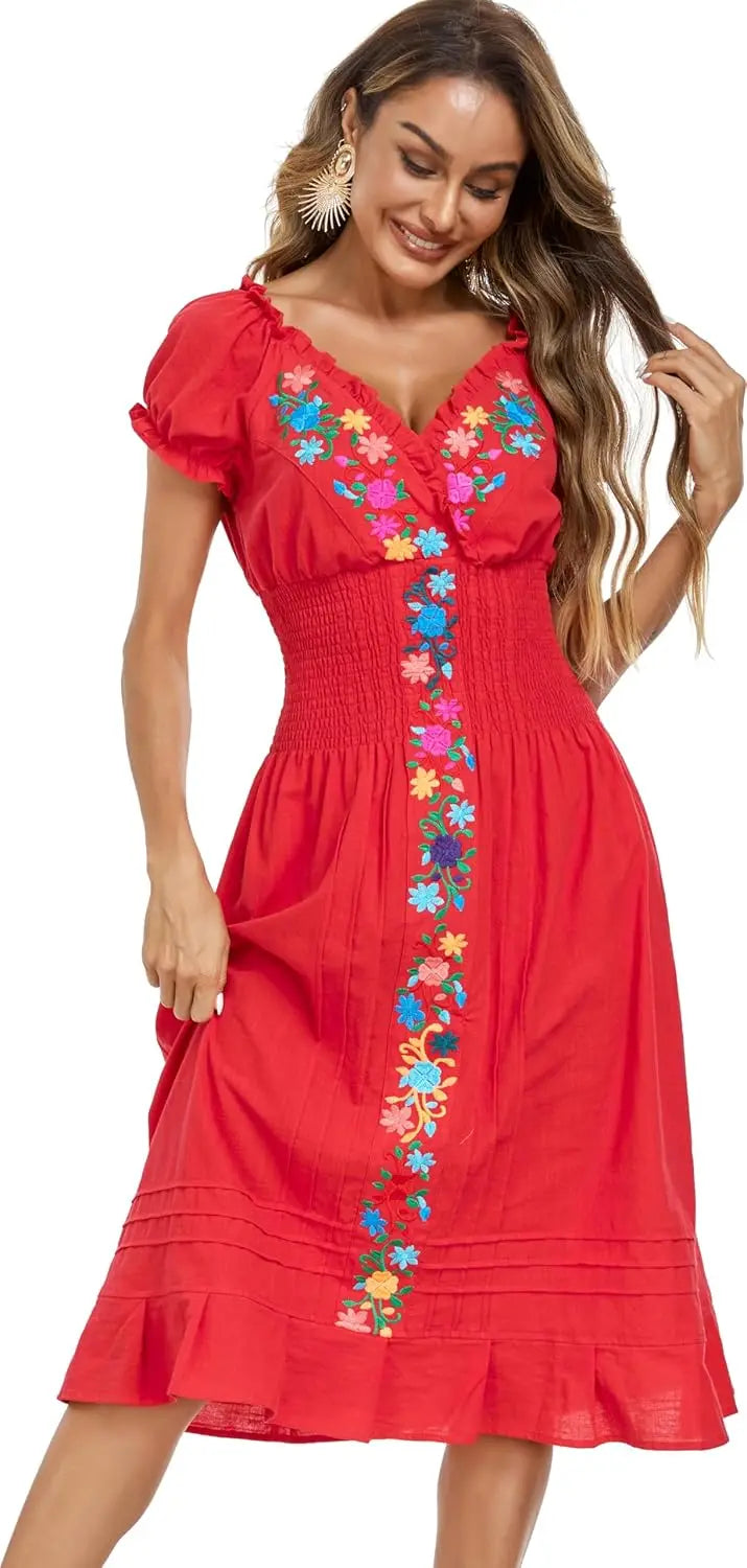 Cotton Women Mexican Embroidered Casual Summer Dress With V Neck