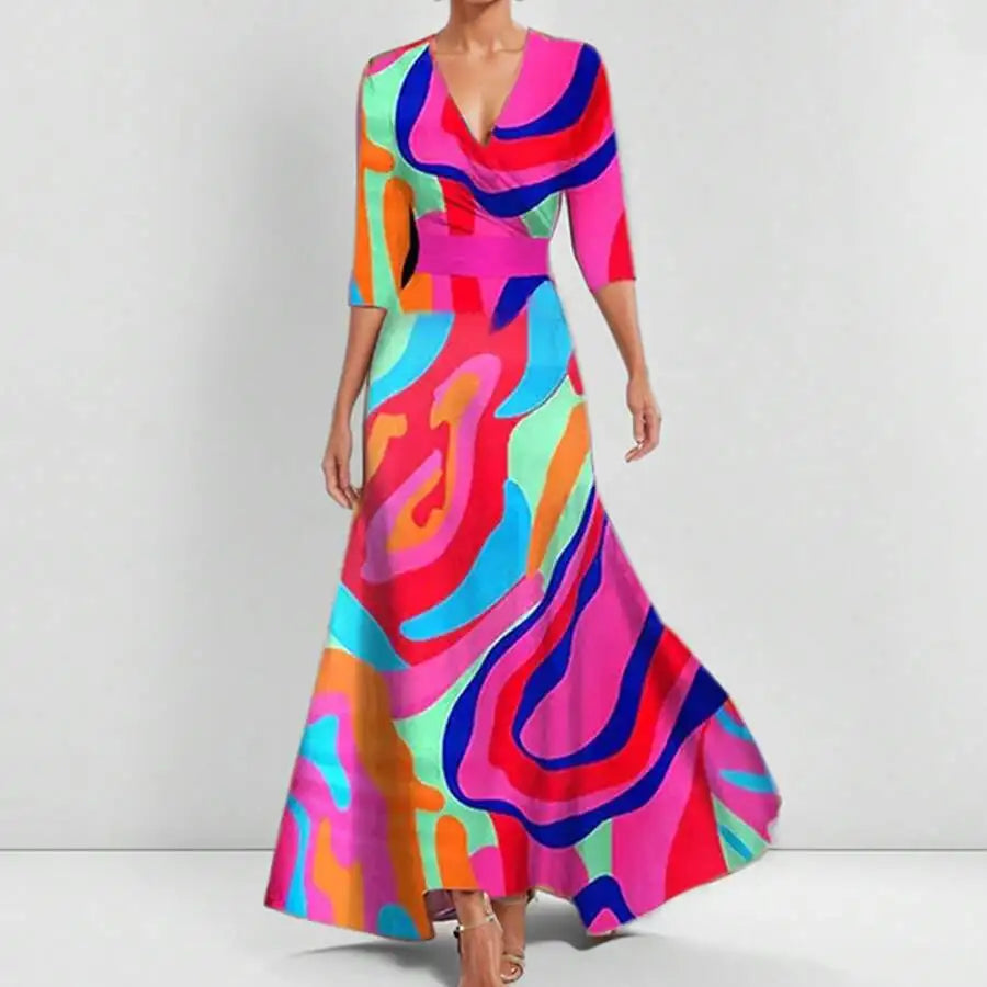 Elegant V-Neck Floral Print Waist-Cinching Floor-Length Dress