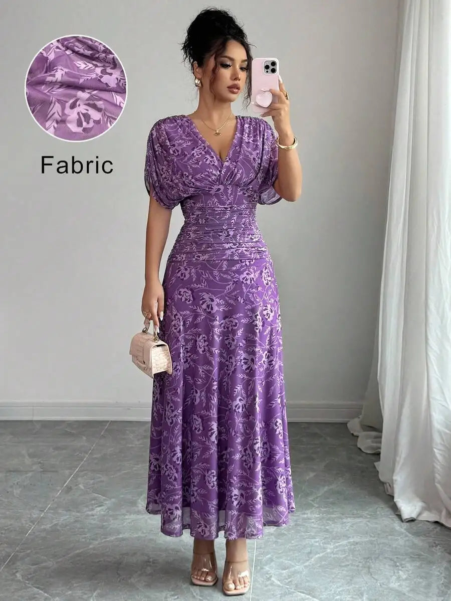 Floral Print V Neck Ruched Waist Maxi Dress For Women