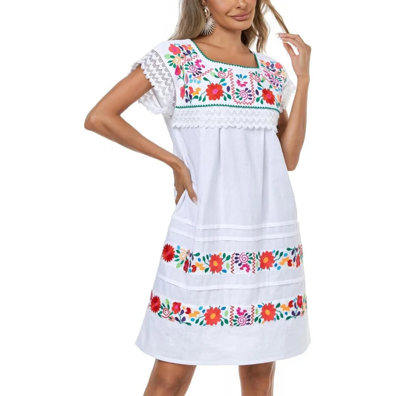 Cotton Knee Length Embroidered Peasant Lace Dress With Short Sleeves