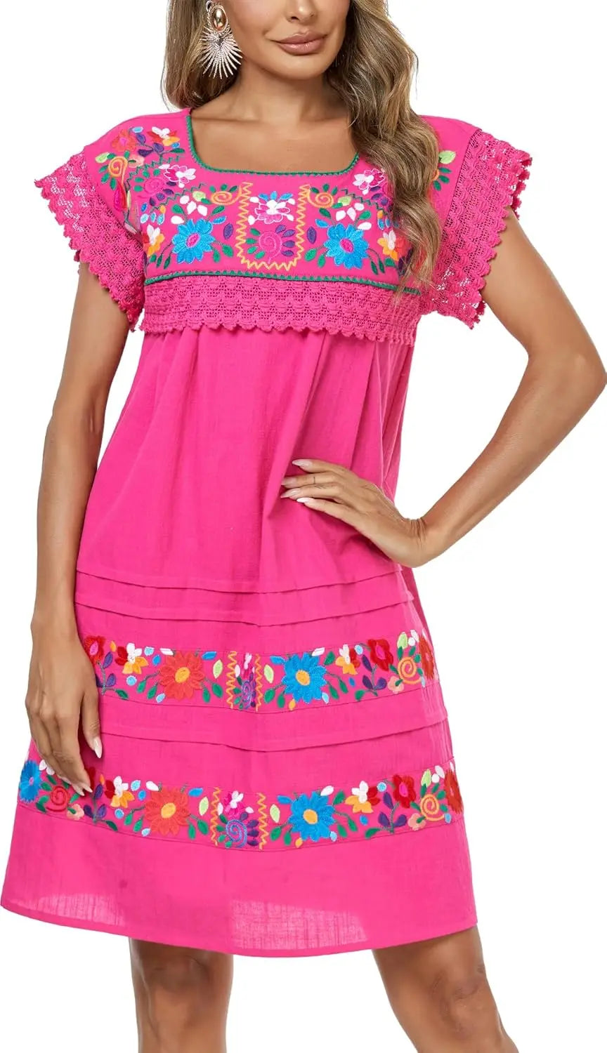 Cotton Knee Length Embroidered Peasant Lace Dress With Short Sleeves