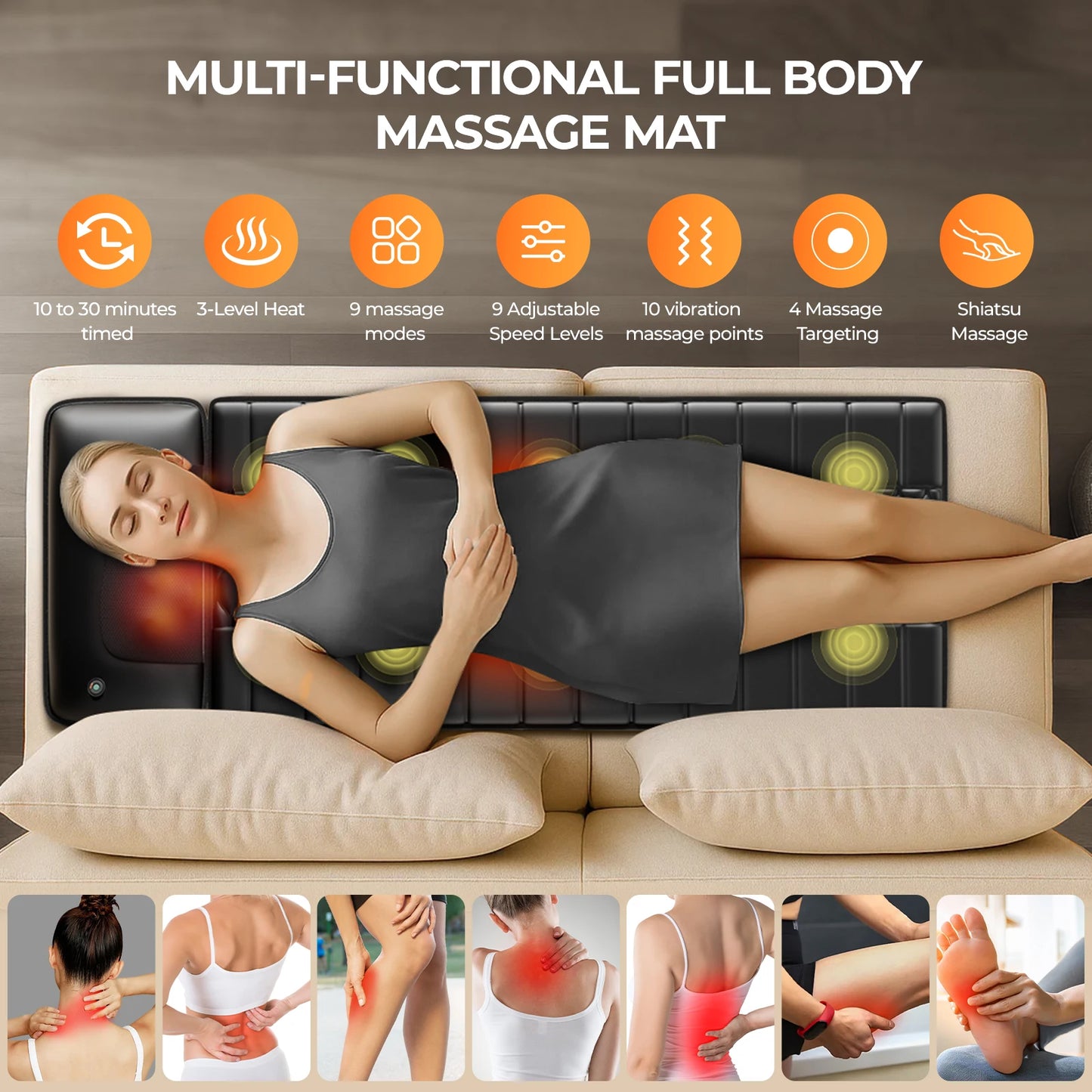 HOMEMASSA Shiatsu Massage Mat With Heat And 10 Vibrating Motors