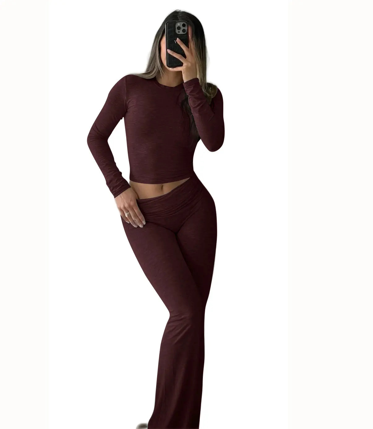 Womens Yoga Two Piece Set Long Sleeve Wide Leg Pants