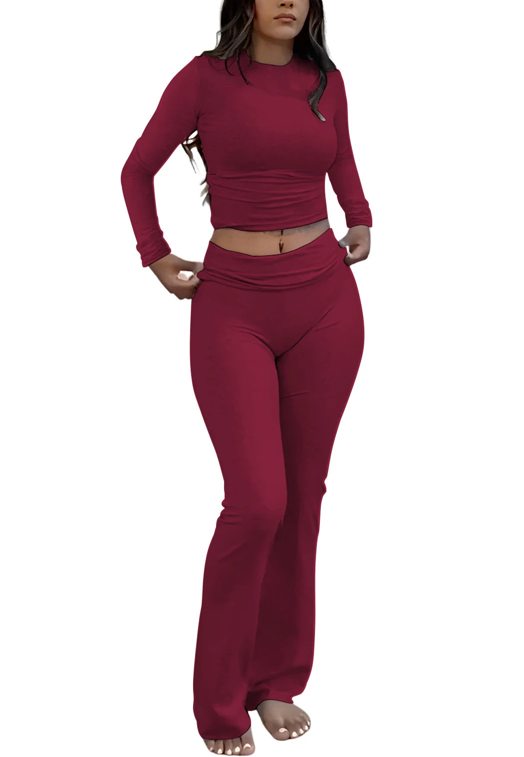 Womens Yoga Two Piece Set Long Sleeve Wide Leg Pants