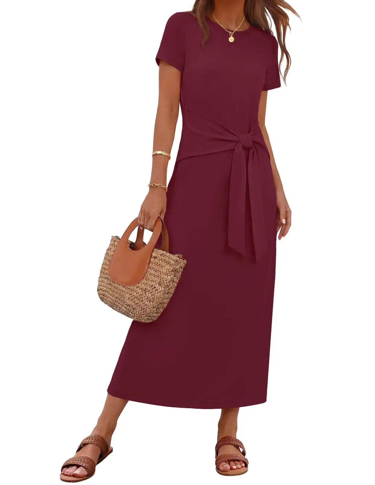 Womens Summer Maxi Dress Tie Waist Short Sleeve Beach Vacation