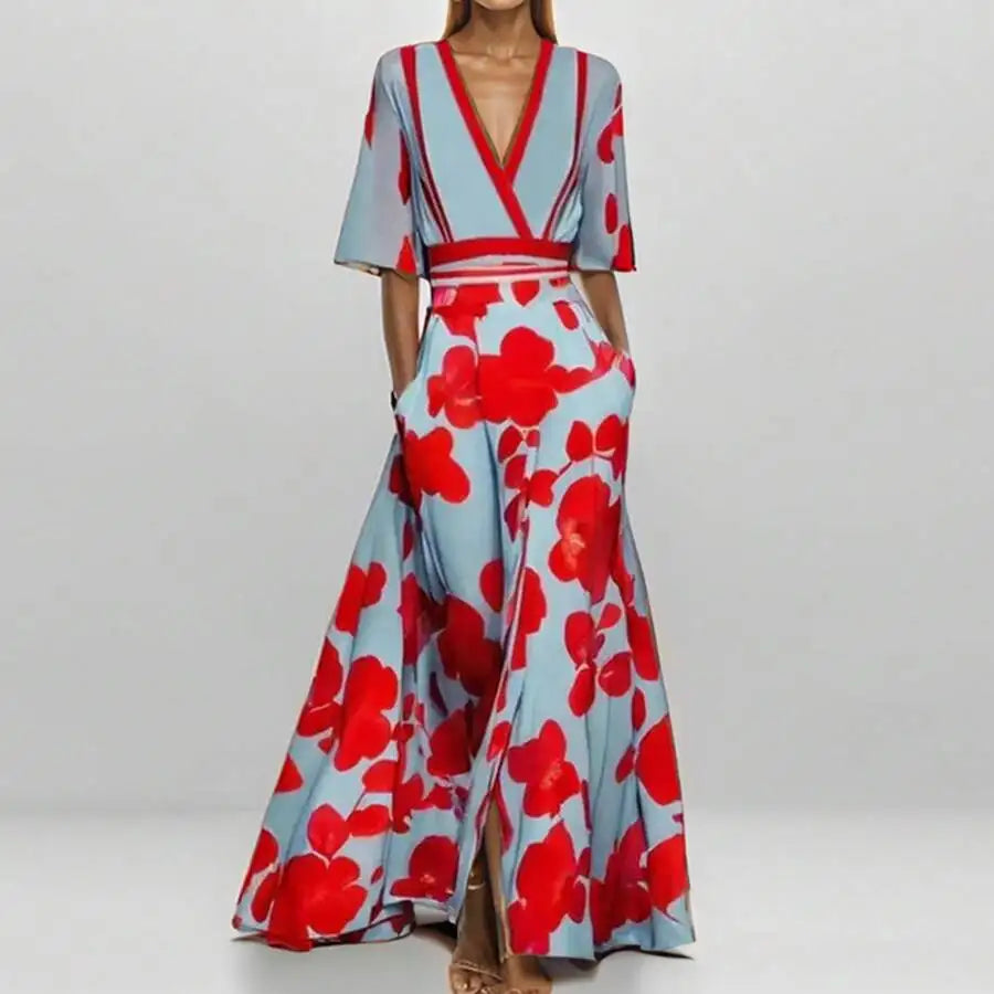 Elegant V-Neck Floral Print Waist-Cinching Floor-Length Dress