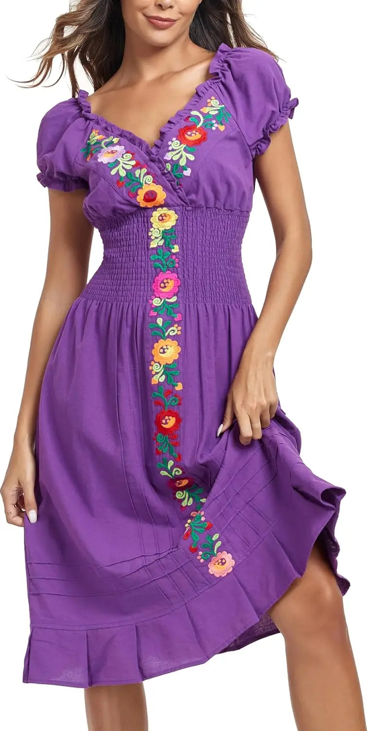 Cotton Women Mexican Embroidered Casual Summer Dress With V Neck