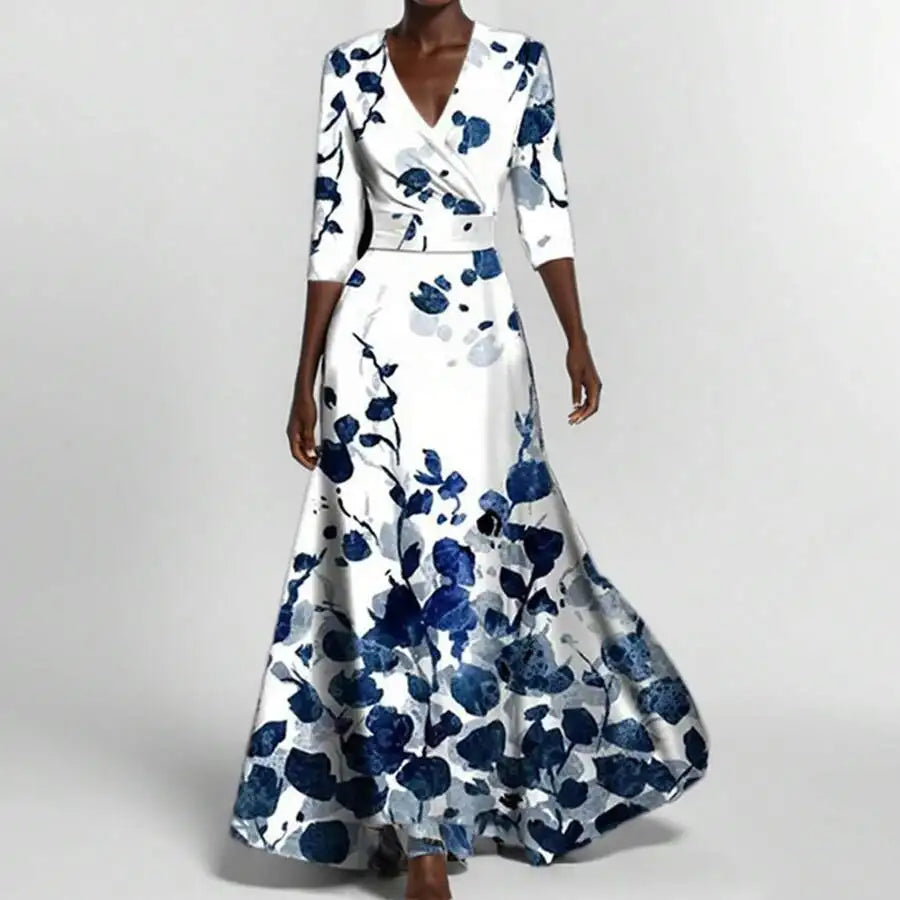 Elegant V-Neck Floral Print Waist-Cinching Floor-Length Dress