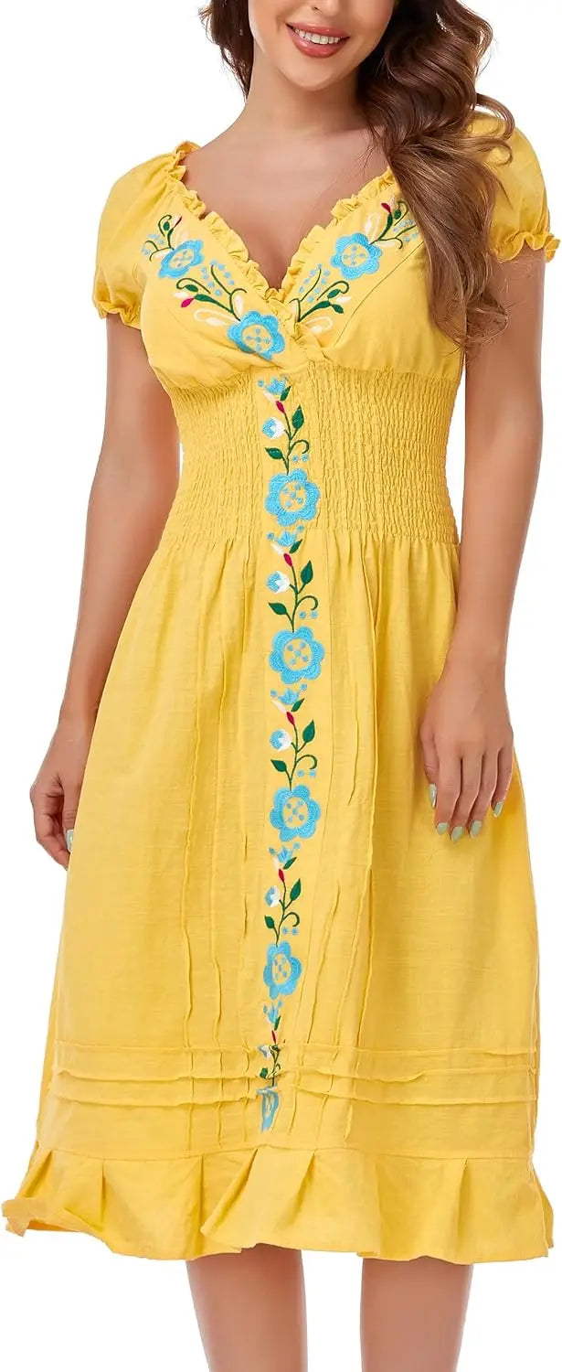 Cotton Women Mexican Embroidered Casual Summer Dress With V Neck