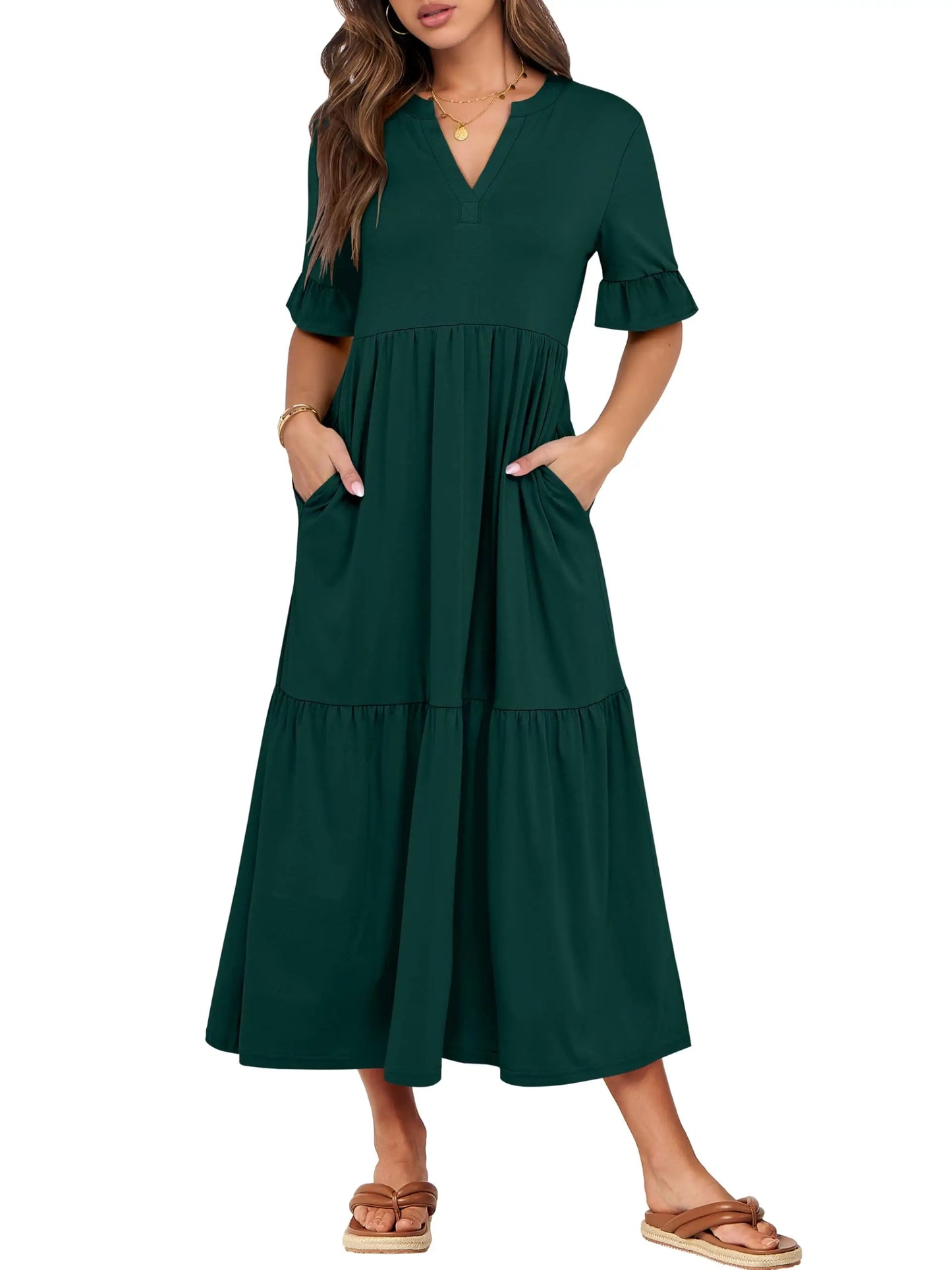 Womens Ruffle Short Sleeve Maxi Dress V Neck Tiered Pockets