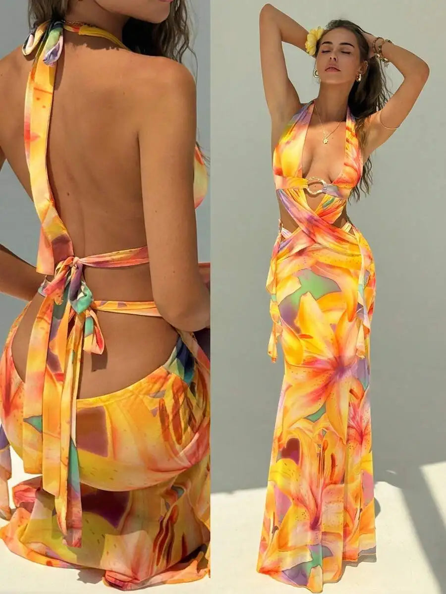 Floral Print Backless Criss Cross Strap Maxi Dress