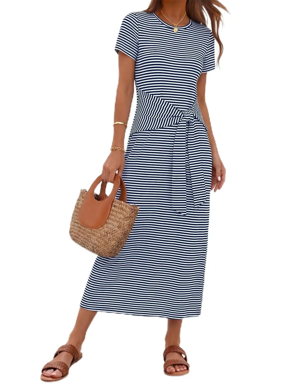 Womens Summer Maxi Dress Tie Waist Short Sleeve Beach Vacation
