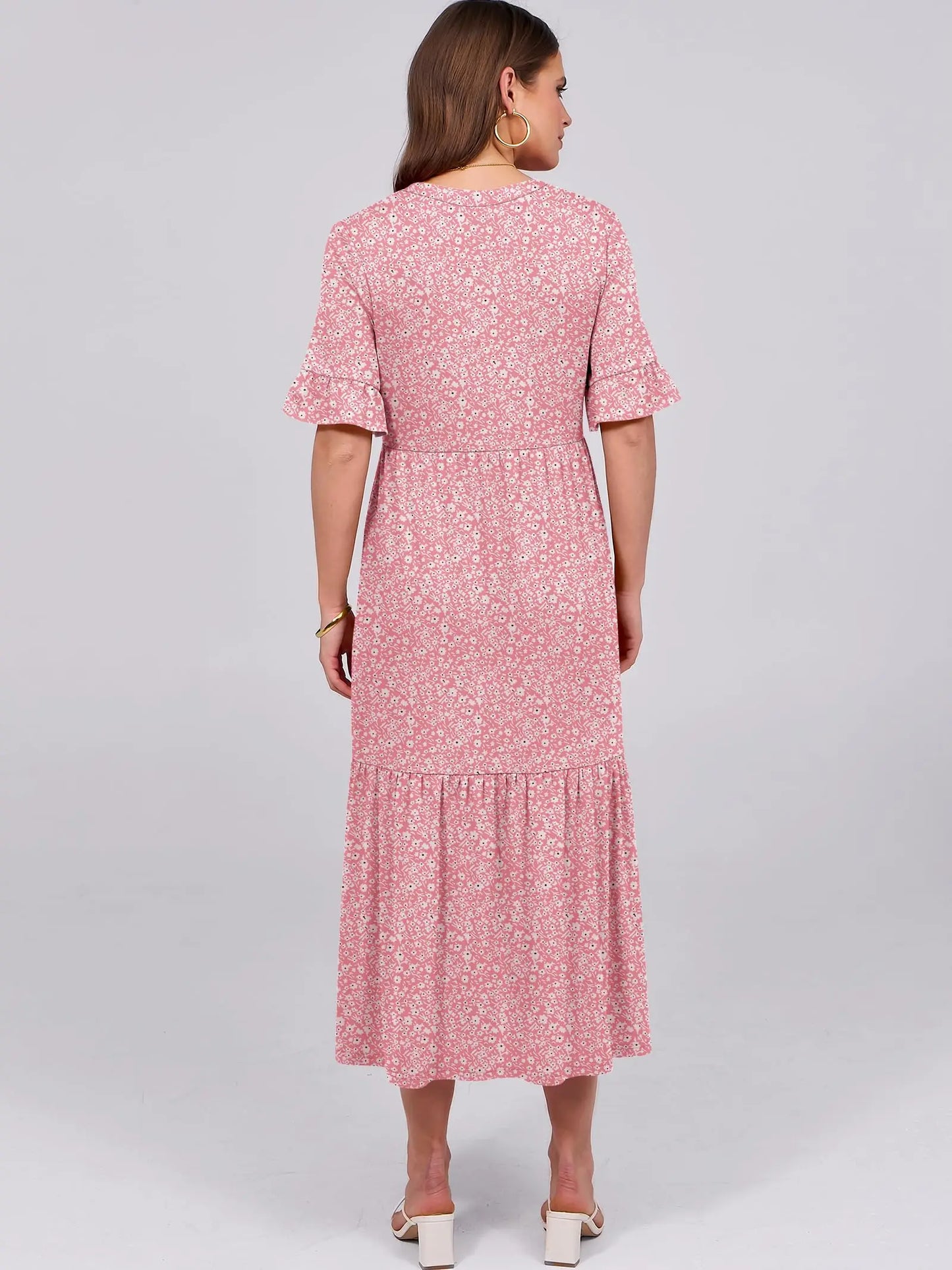 Womens Ruffle Short Sleeve Maxi Dress V Neck Tiered Pockets