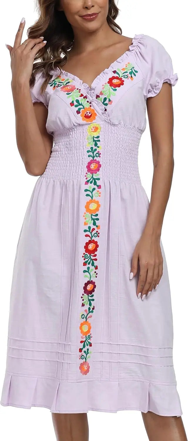 Cotton Women Mexican Embroidered Casual Summer Dress With V Neck