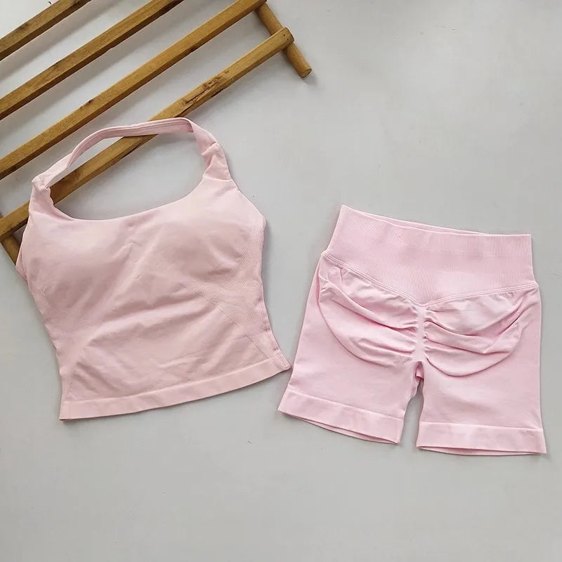 Yoga 2 Piece Set Women Backless Halter Top and Shorts