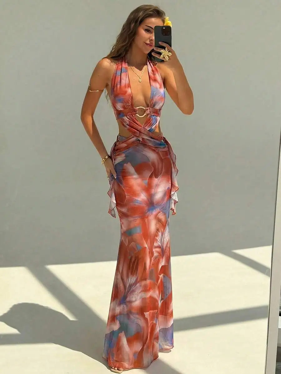 Floral Print Backless Criss Cross Strap Maxi Dress