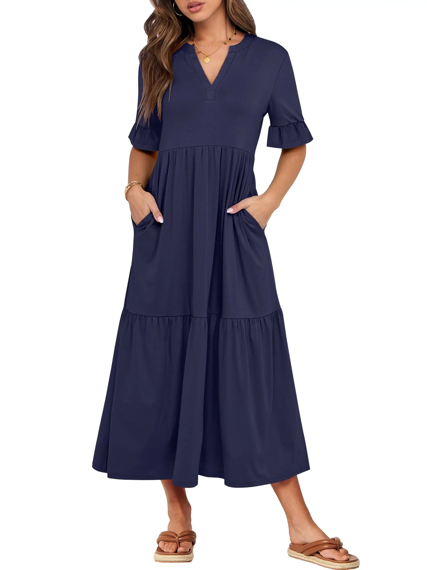 Womens Ruffle Short Sleeve Maxi Dress V Neck Tiered Pockets