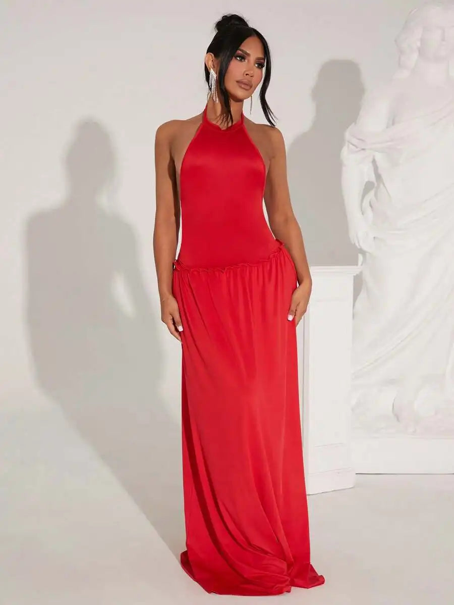 Evening Halter Neck Backless Floor Length Dress For Women