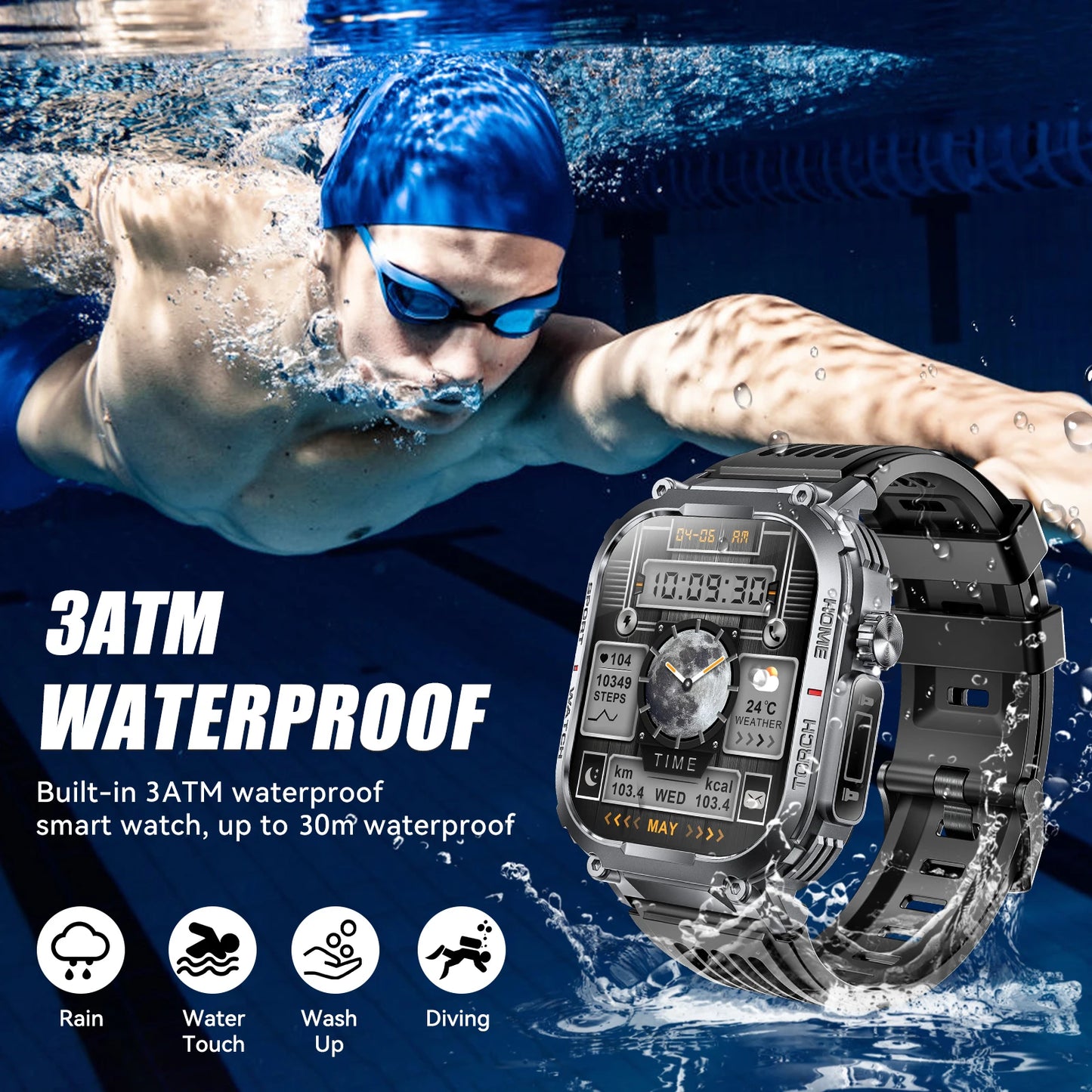 EIGIIS Men Smartwatch 3ATM Waterproof Heart Rate Fitness Tracker