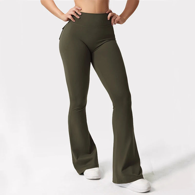 Women Yoga Flare Trousers High Waisted Wide Leg With Pockets