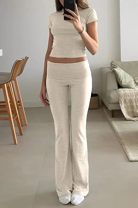 Women's Yoga Set Two-Piece Short Sleeve Top And Flared Pants