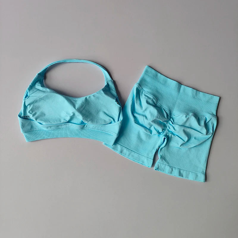 Halter Neck Sports Bra And Shorts Set High Waist Yoga