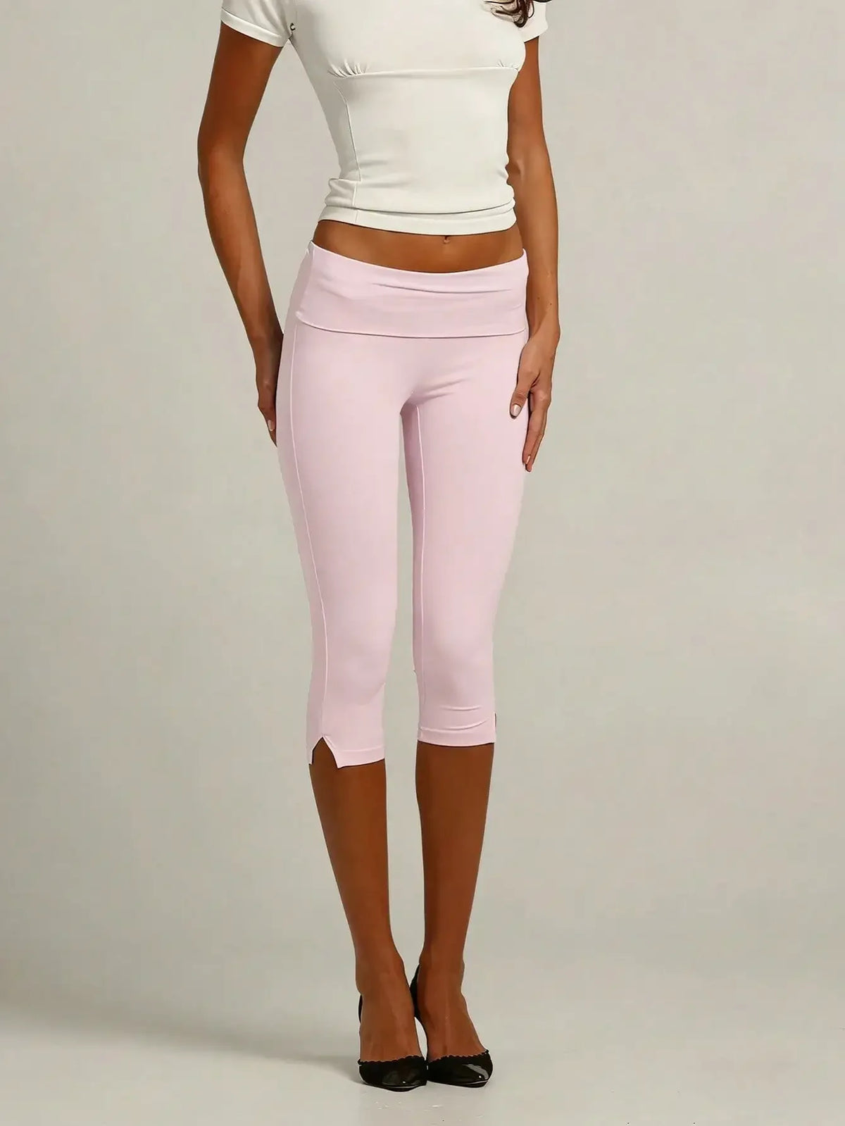 Y2K Women's Low Waist White Capri Leggings With Fold Over Hem