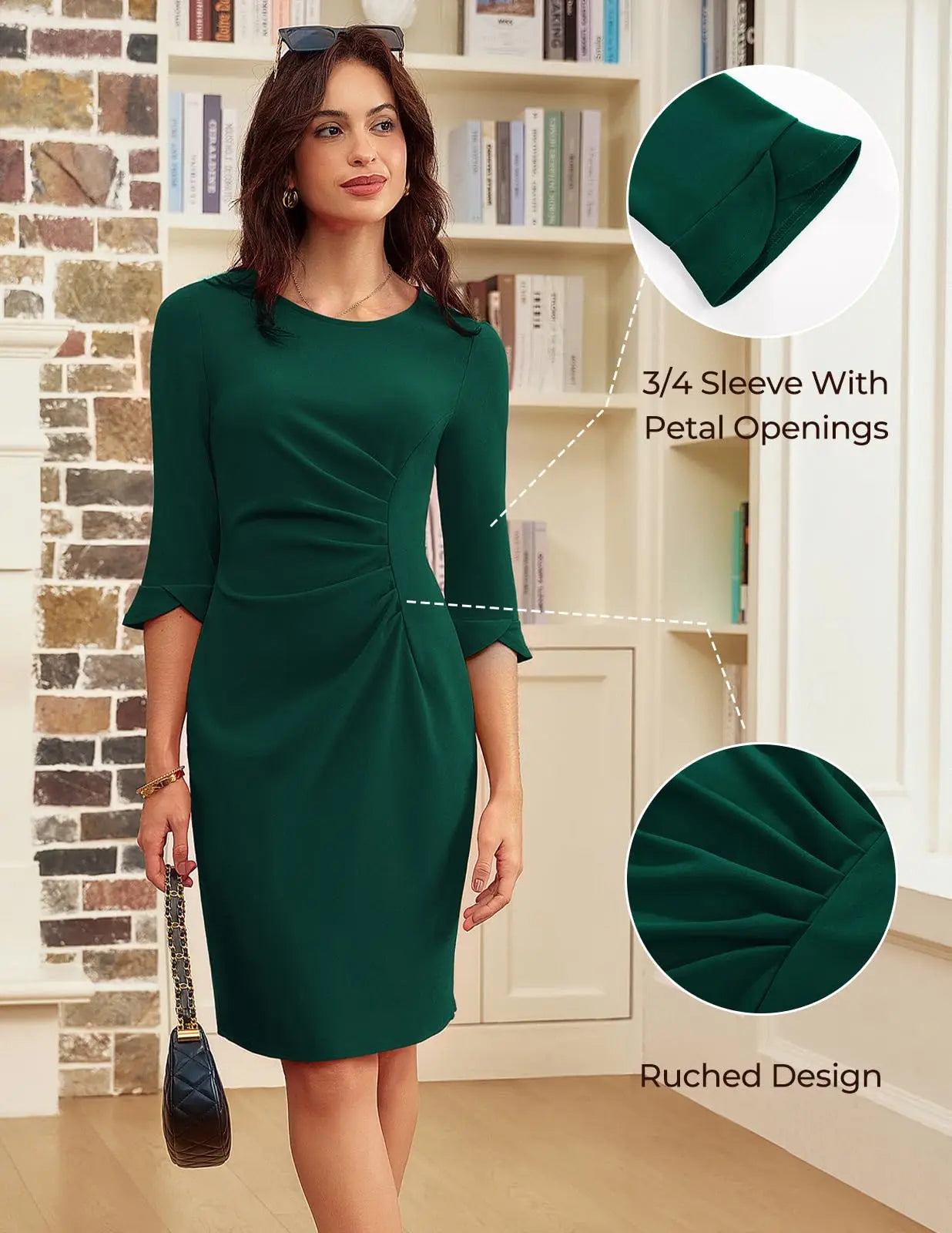 Women's Ruched 3/4 Sleeve Sheath Dress Knit Polyester