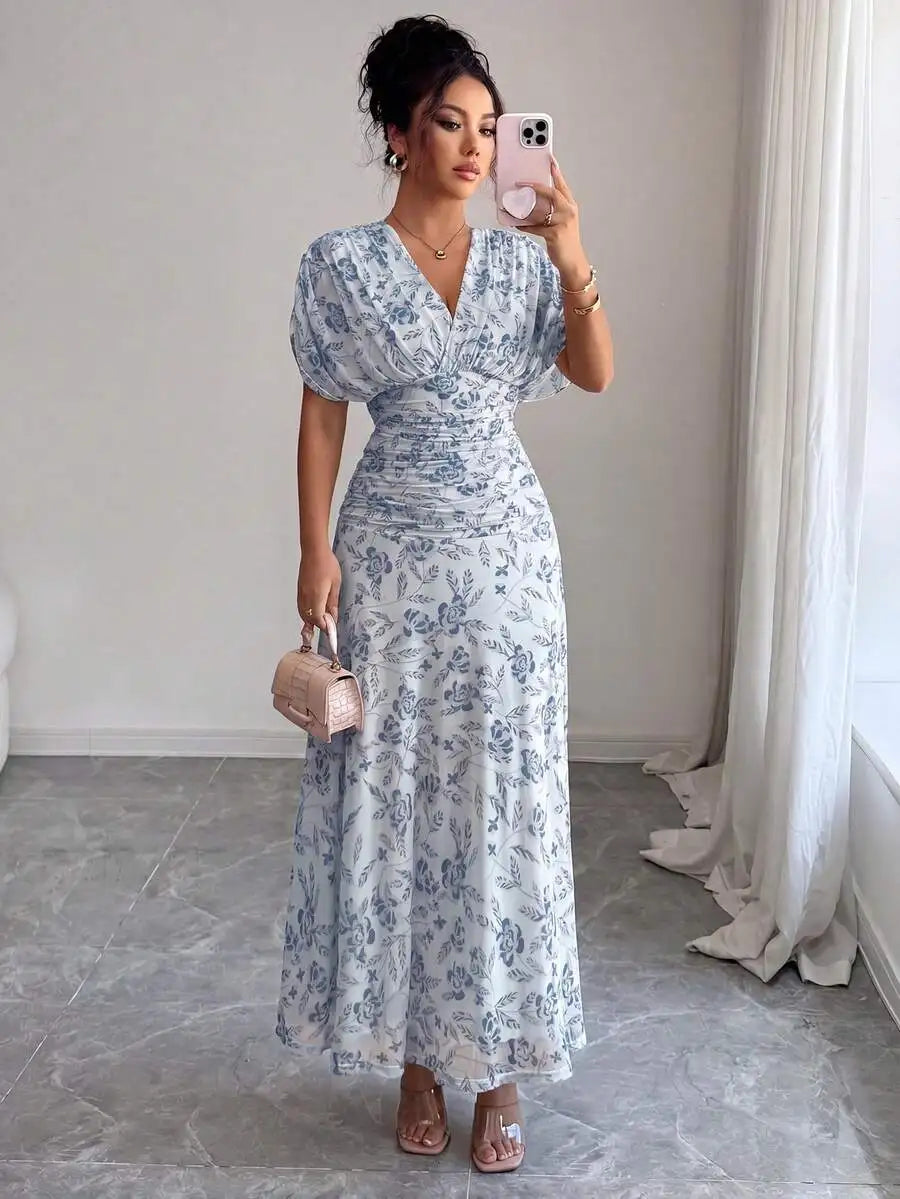 Floral Print V Neck Ruched Waist Maxi Dress For Women