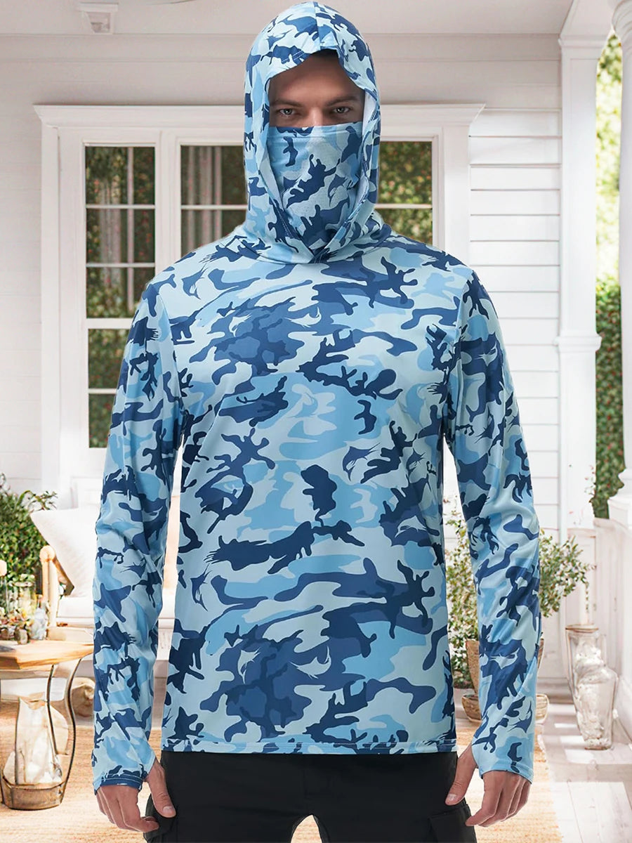 Men's Camo Print Hoodie Shirt With Built In Face Mask