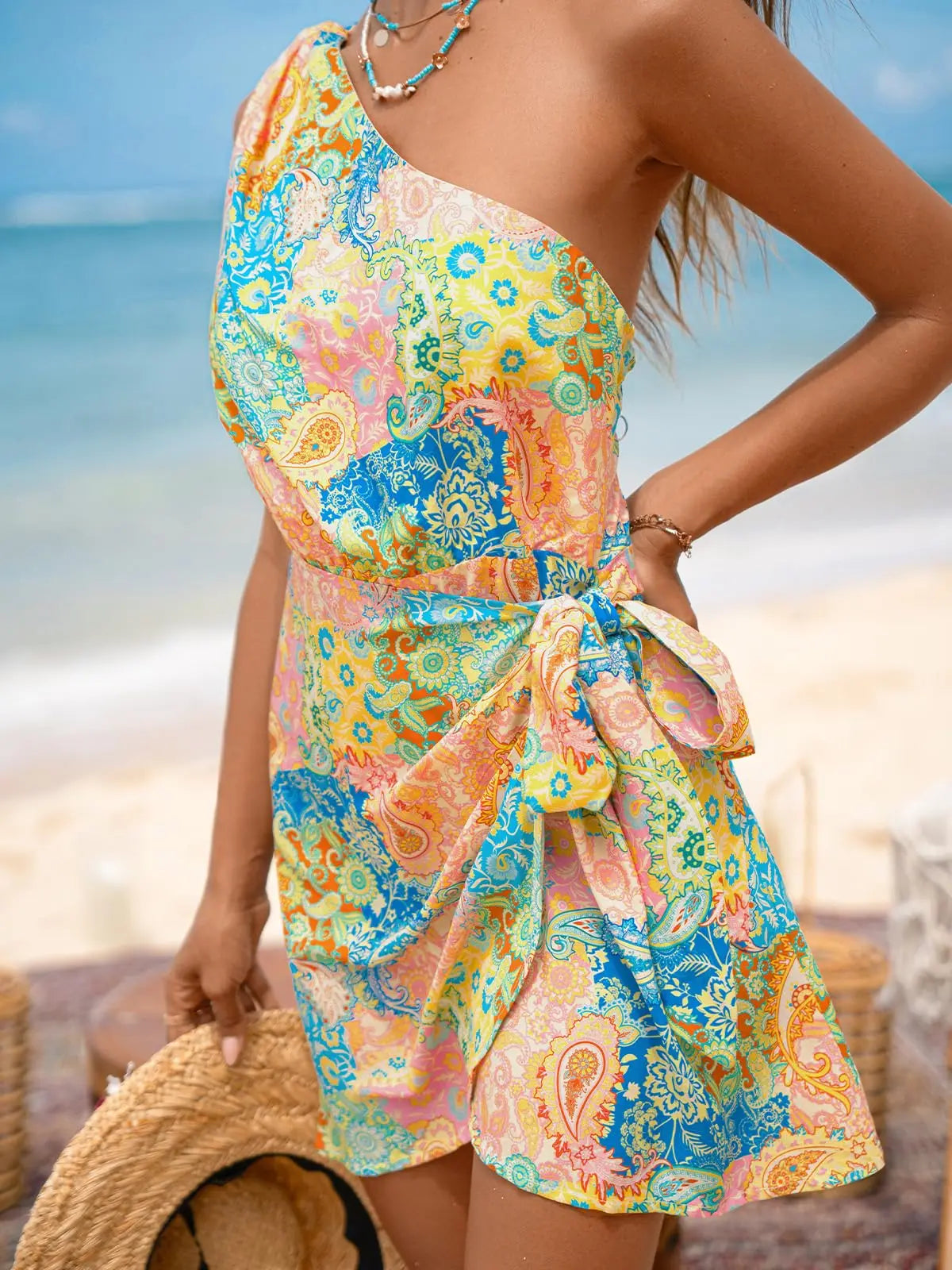 One Shoulder Paisley Print Self Tie Mini Dress For Women