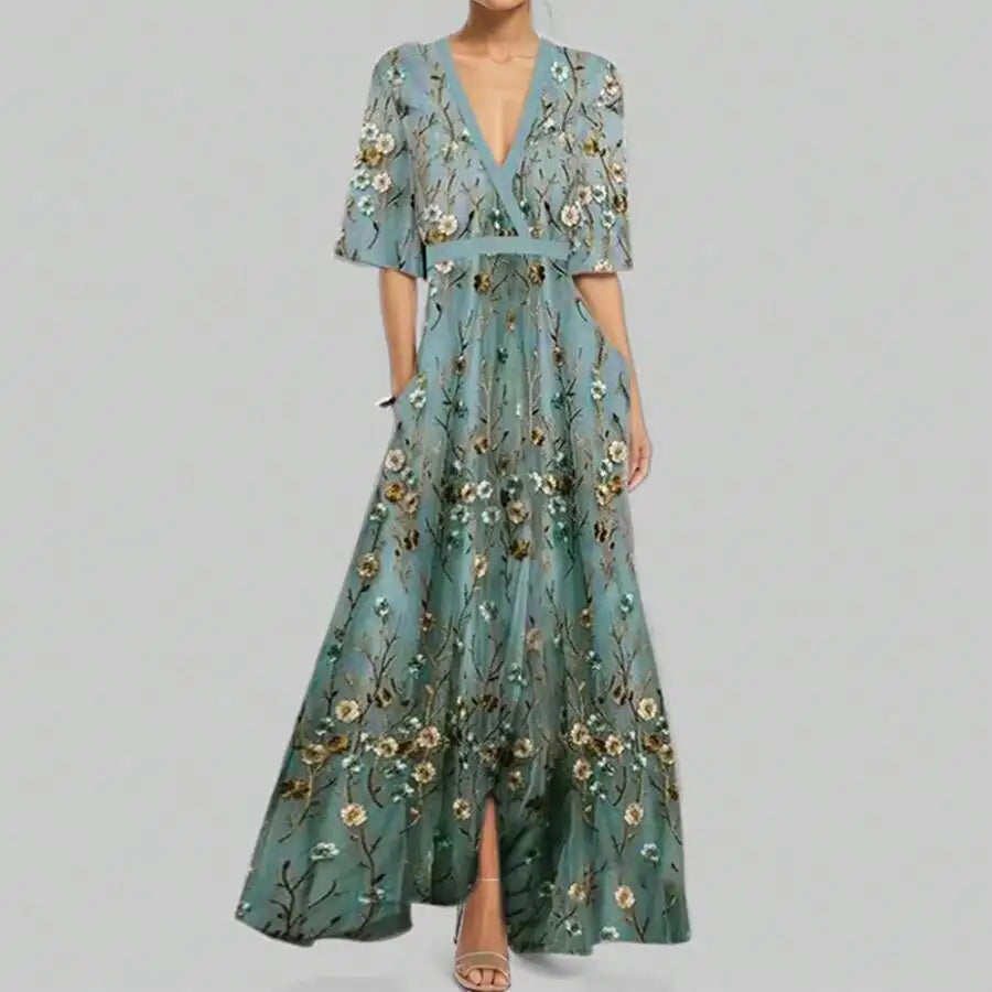 Elegant V-Neck Floral Print Waist-Cinching Floor-Length Dress