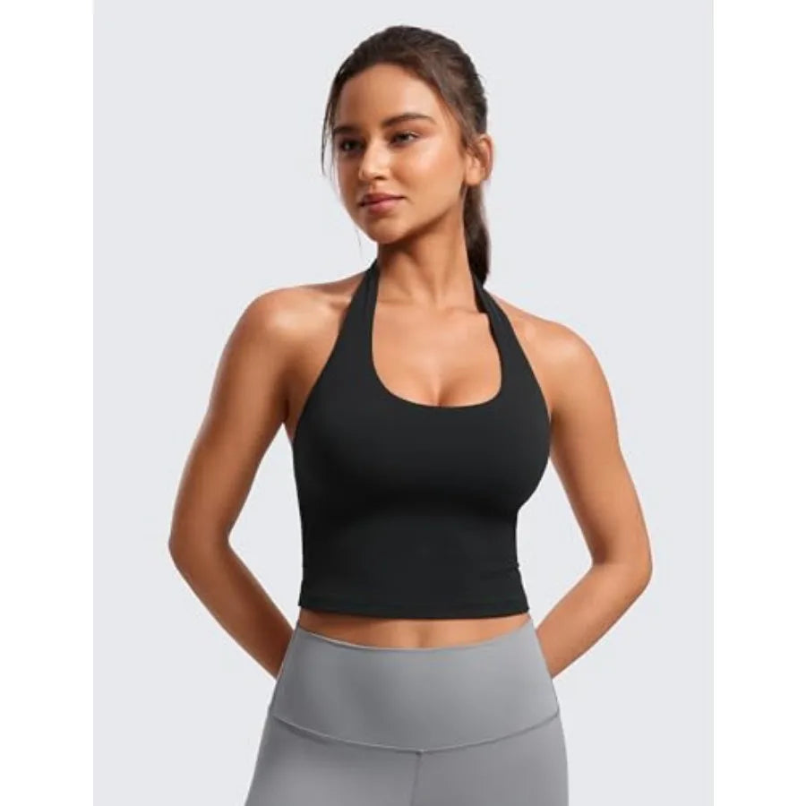 CRZ YOGA Butterluxe Halter Crop Tank Top Open Back Bra