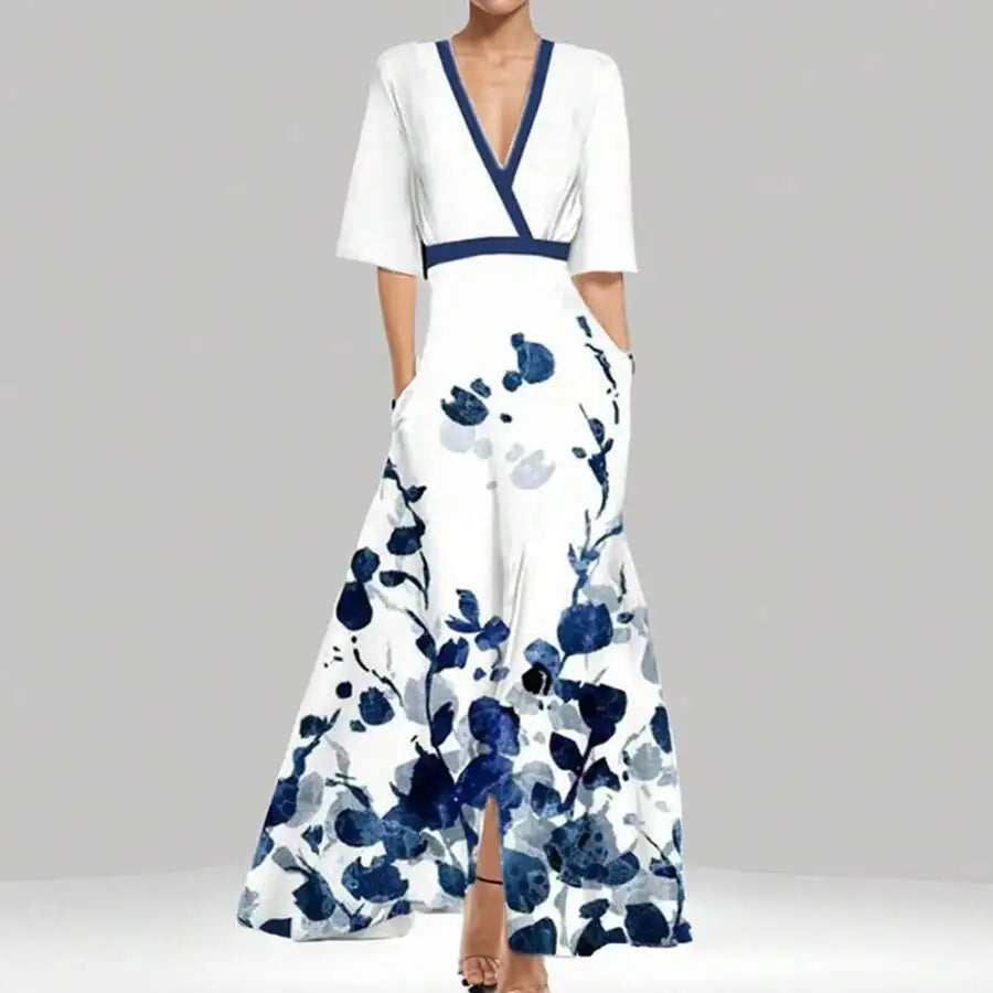 Elegant V-Neck Floral Print Waist-Cinching Floor-Length Dress