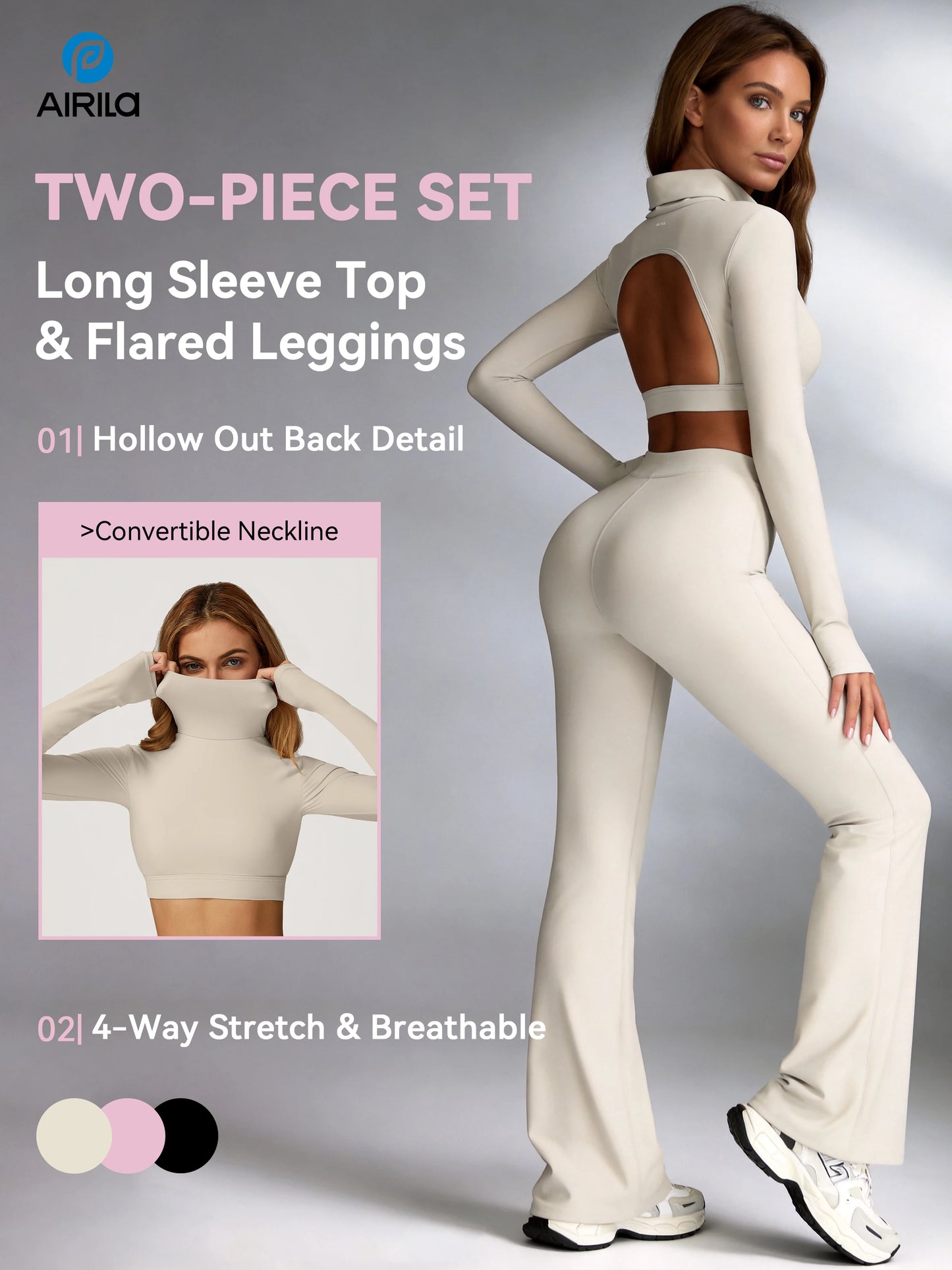 Airila Women's High-Neck Yoga Set Back-Cutout Flared Pants Removable Pads