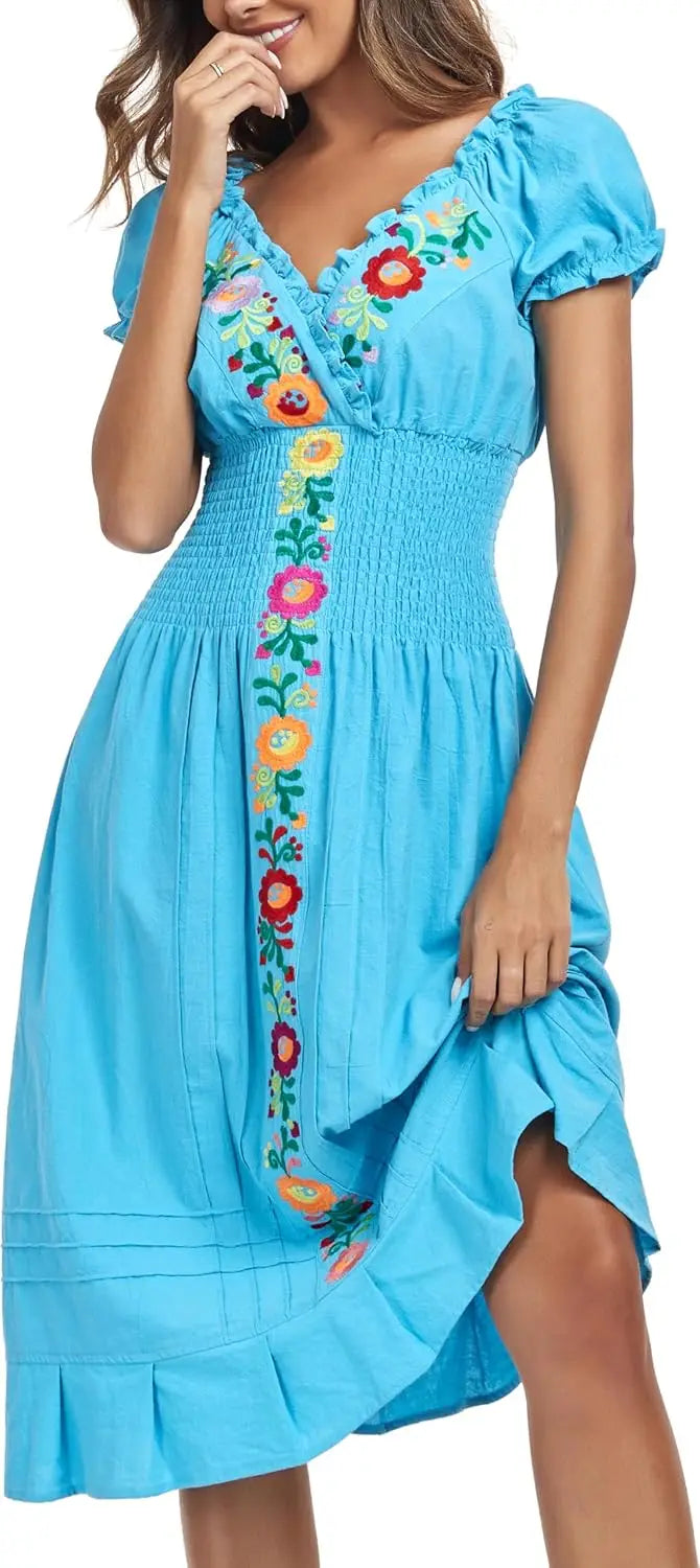 Cotton Women Mexican Embroidered Casual Summer Dress With V Neck