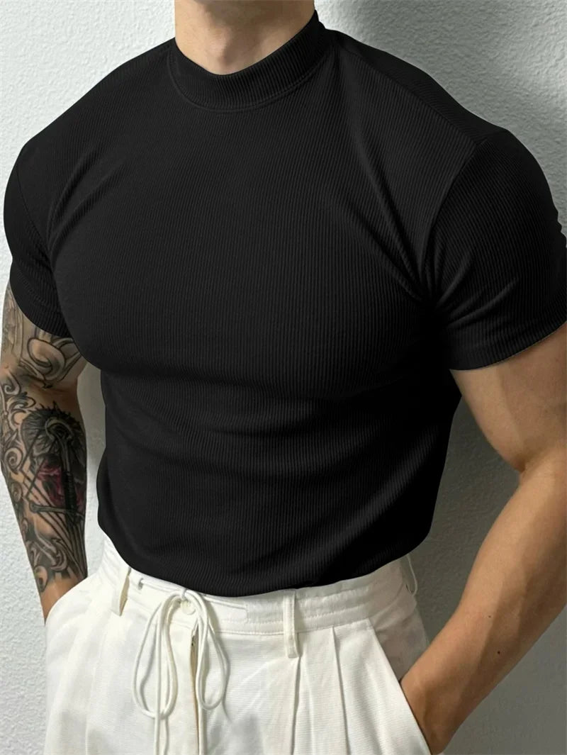 Mens Stripe Knit T Shirt With High Collar Fitness Top