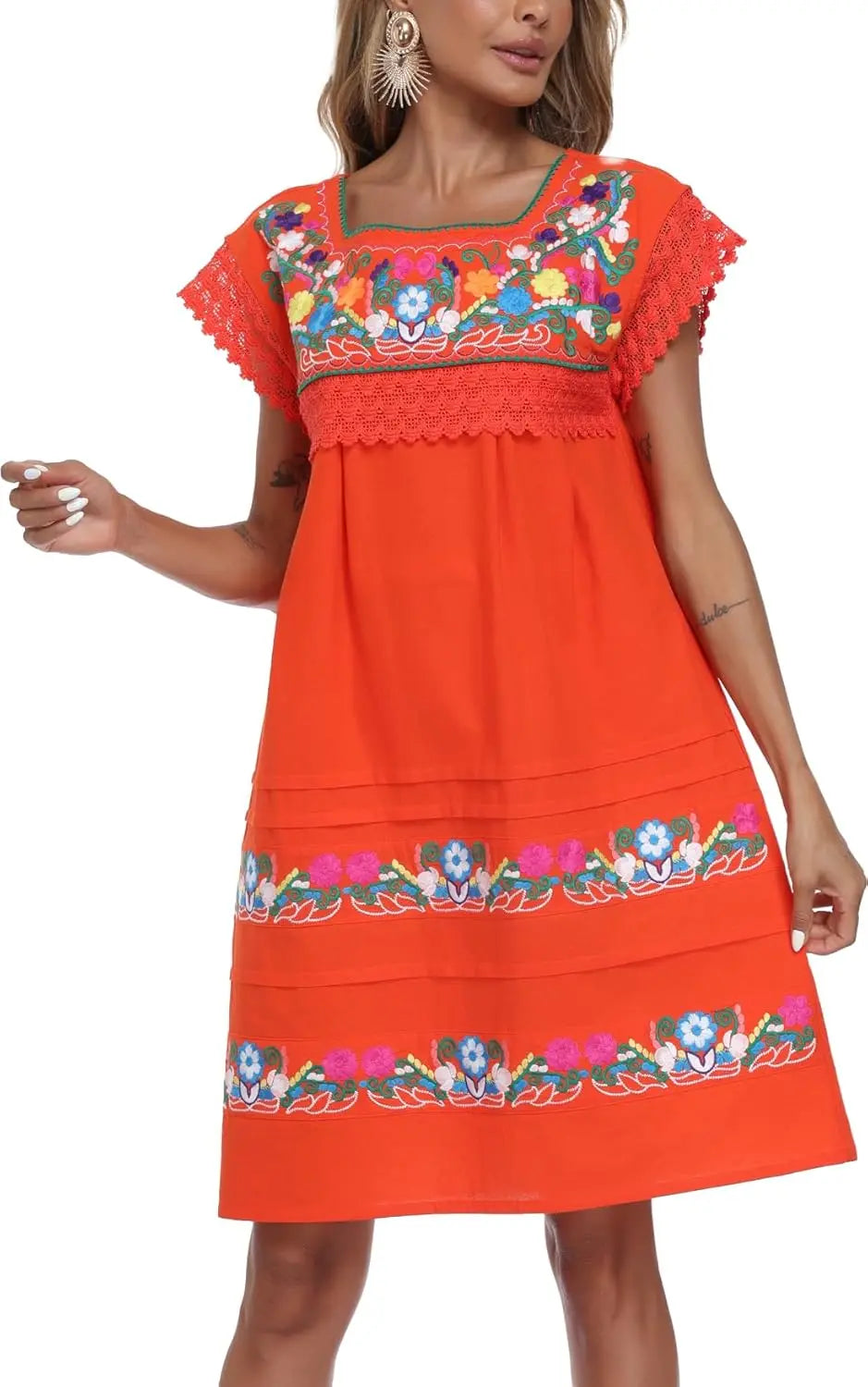 Cotton Knee Length Embroidered Peasant Lace Dress With Short Sleeves