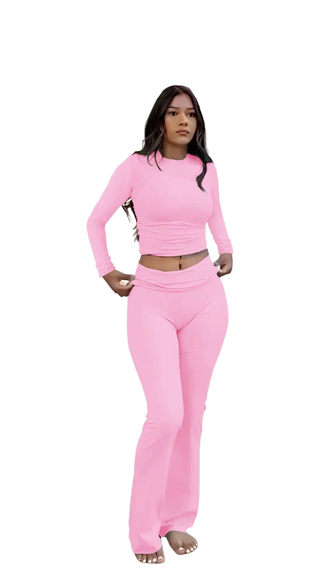 Womens Yoga Two Piece Set Long Sleeve Wide Leg Pants