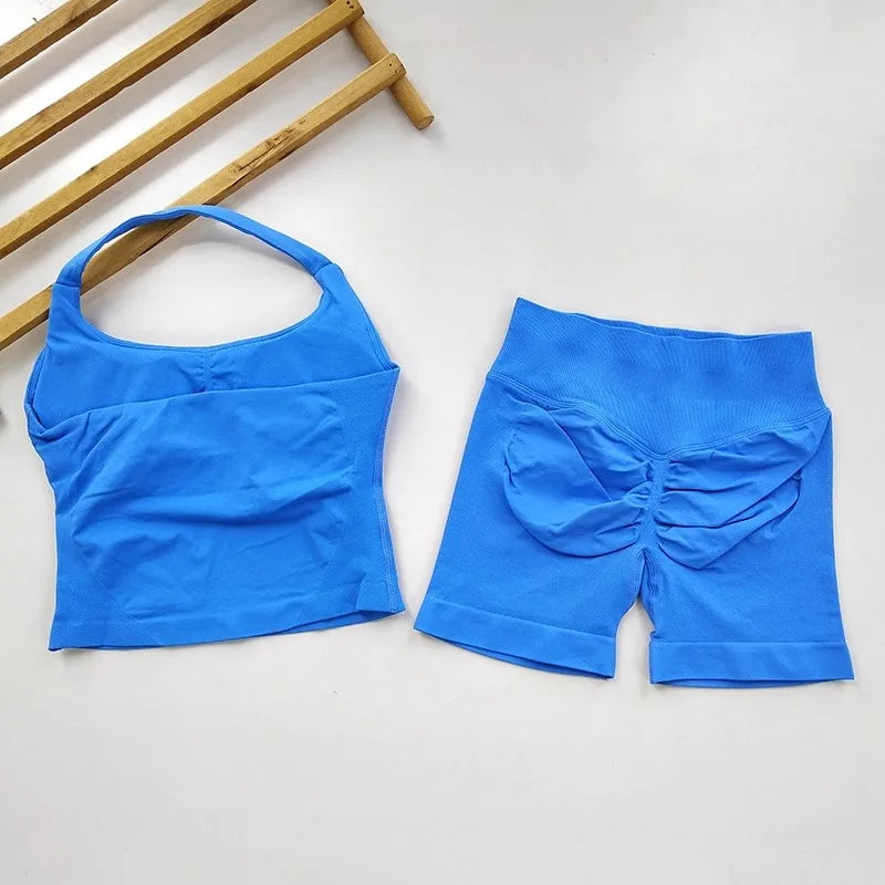 Yoga 2 Piece Set Women Backless Halter Top and Shorts