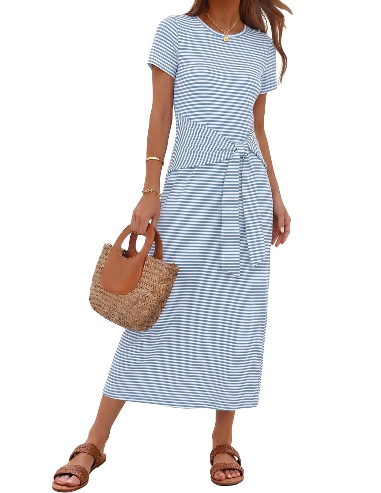 Womens Summer Maxi Dress Tie Waist Short Sleeve Beach Vacation