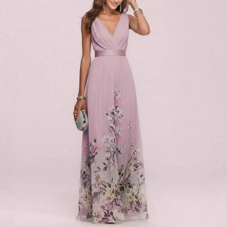 Elegant V-Neck Floral Print Waist-Cinching Floor-Length Dress