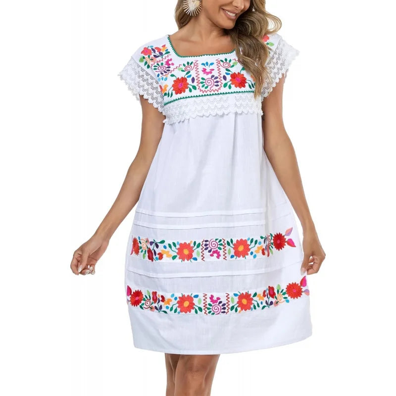 Cotton Knee Length Embroidered Peasant Lace Dress With Short Sleeves