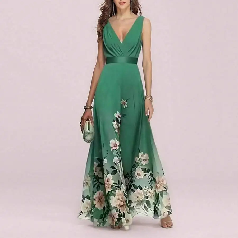 Elegant V-Neck Floral Print Waist-Cinching Floor-Length Dress