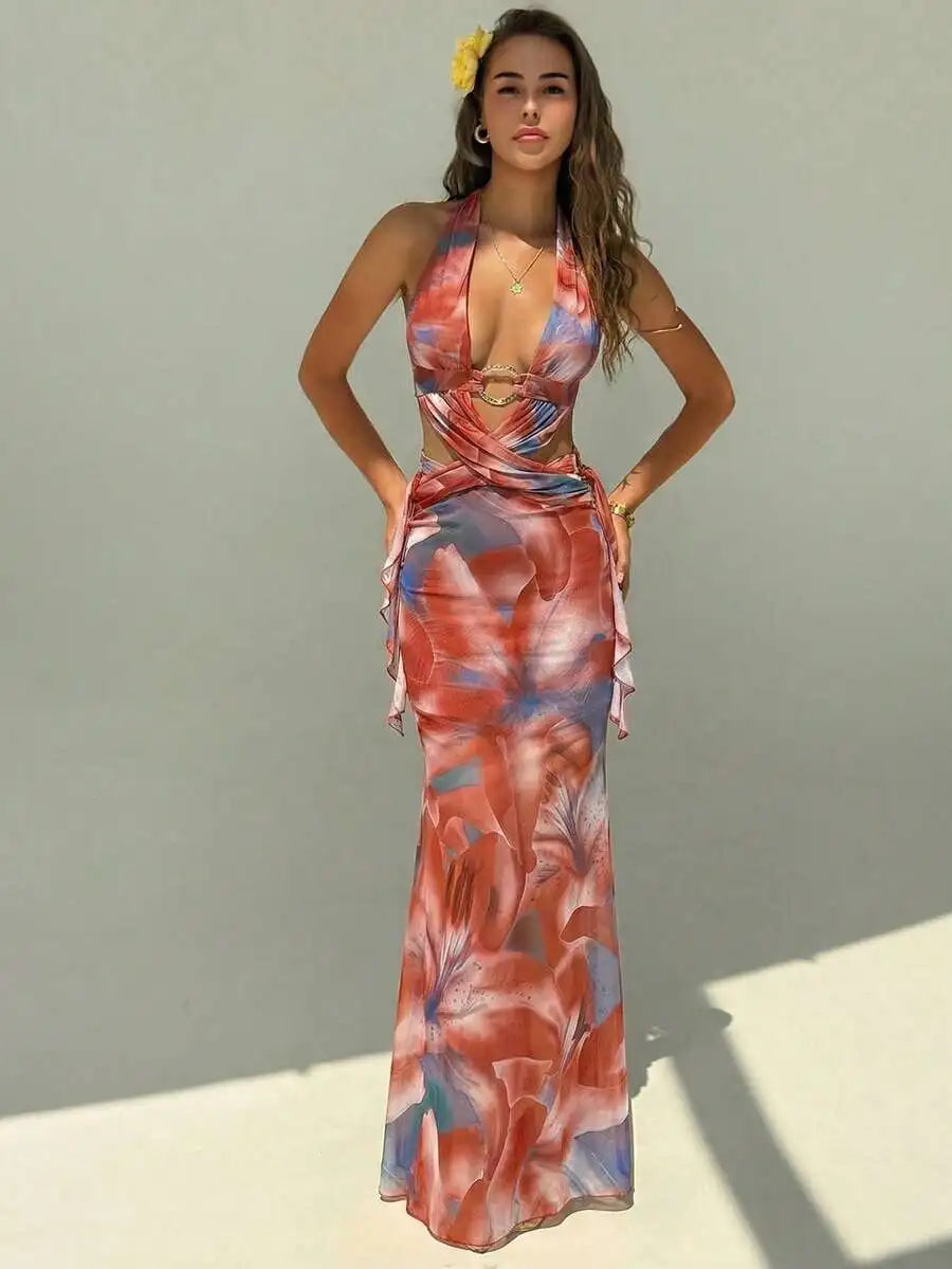 Floral Print Backless Criss Cross Strap Maxi Dress