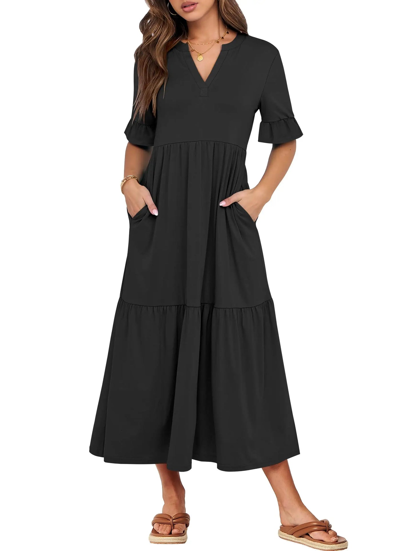 Womens Ruffle Short Sleeve Maxi Dress V Neck Tiered Pockets