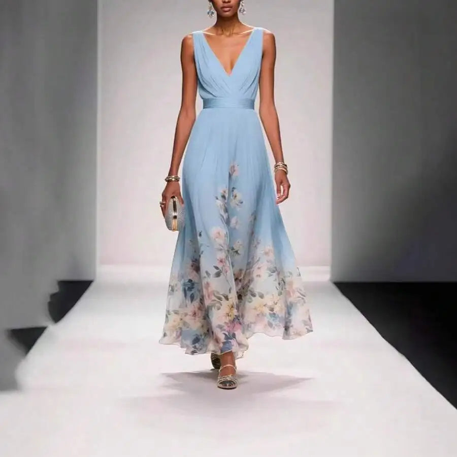 Elegant V-Neck Floral Print Waist-Cinching Floor-Length Dress