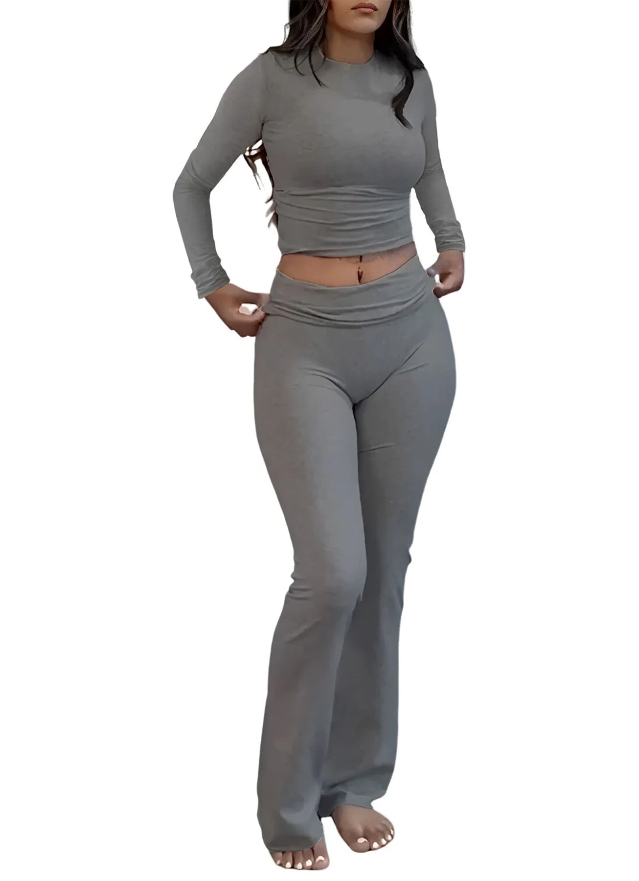 Womens Yoga Two Piece Set Long Sleeve Wide Leg Pants