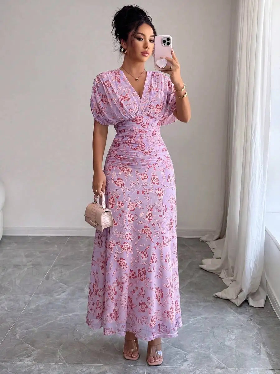 Floral Print V Neck Ruched Waist Maxi Dress For Women