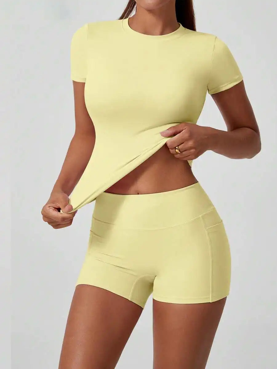 Women's Seamless Yellow High Waist Tummy Control Shorts Set